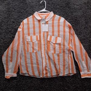 Ellison Blouse Shirt Women‎ Small Orange White Stripe Semi Sheer Button Up